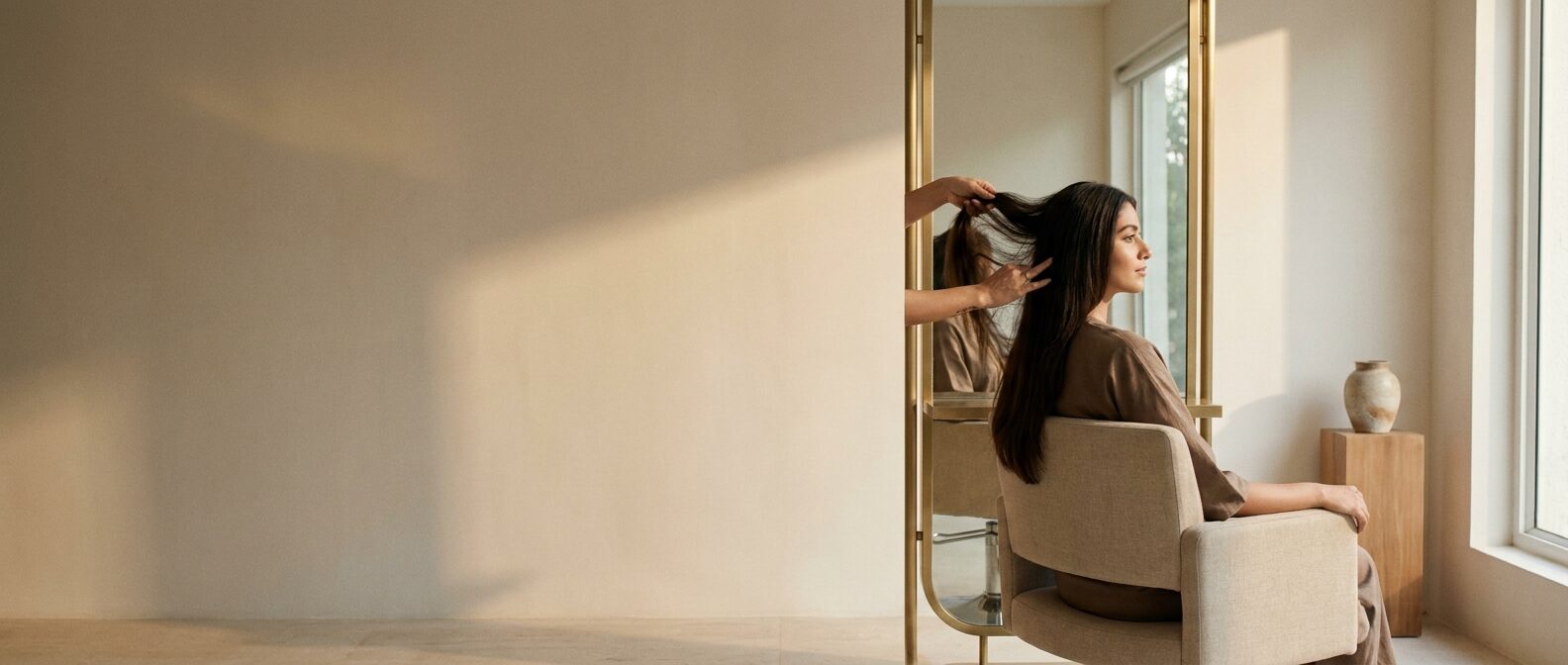 A woman having her hair styled in a contemporary Bangalore salon
