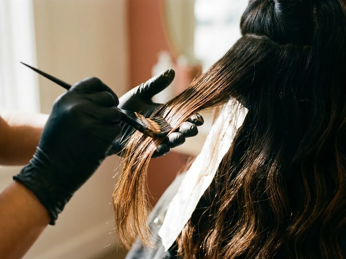 A colourist applying balayage to long dark hair