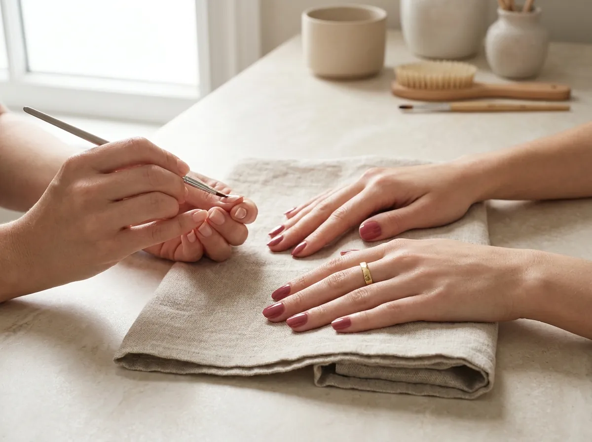A manicure in progress in a nail studio