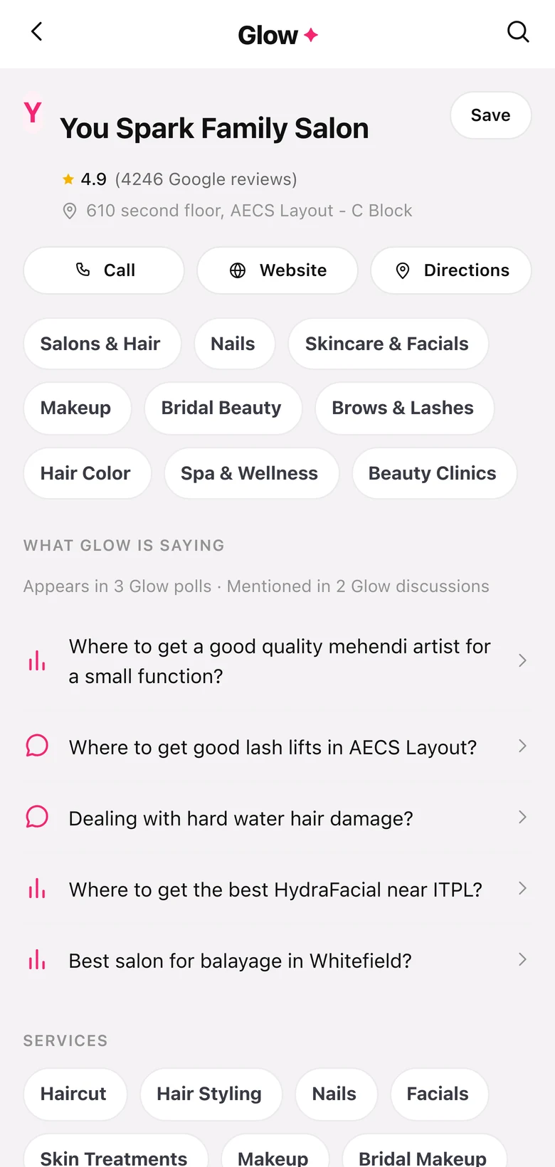 A Glow business page for You Spark Family Salon showing rating, call and directions actions, service categories, and the Glow polls and discussions the salon appears in