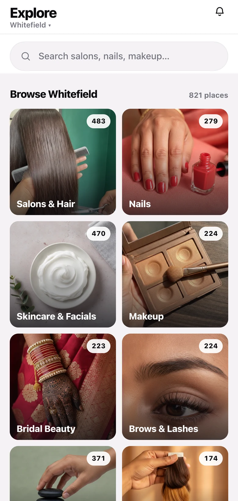 Glow Explore browsing Whitefield: 821 places, with category tiles for Salons and Hair (483), Nails (279), Skincare and Facials (470), Makeup (224), Bridal Beauty (223) and Brows and Lashes (224)