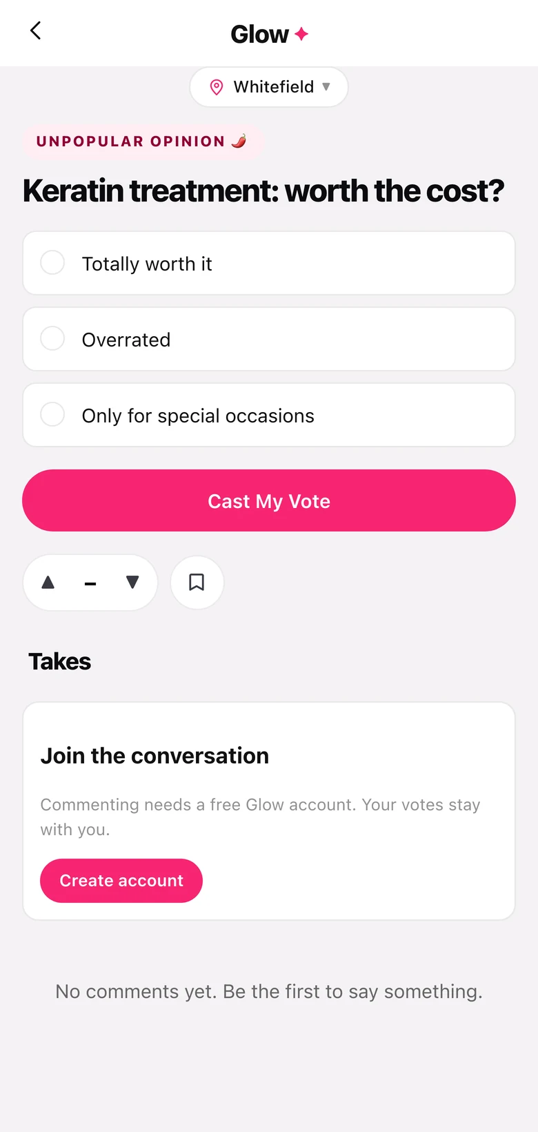 A Glow poll: 'Keratin treatment: worth the cost?' with three options and a Cast My Vote button
